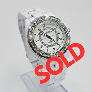 Bell & More Designer 39mm White Crystal Bezel Quartz Watch (Chanel J12)